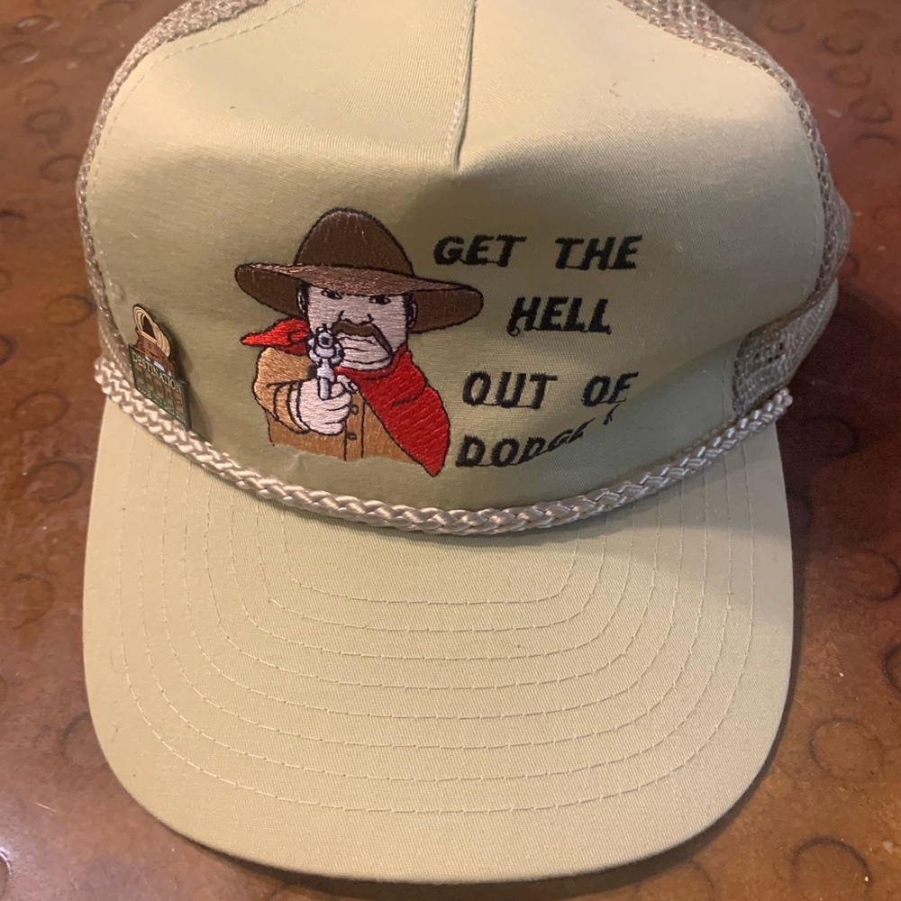 Vintage Trucker Baseball Cap Hat Get out of Dodge Pin Dodge City Kansas